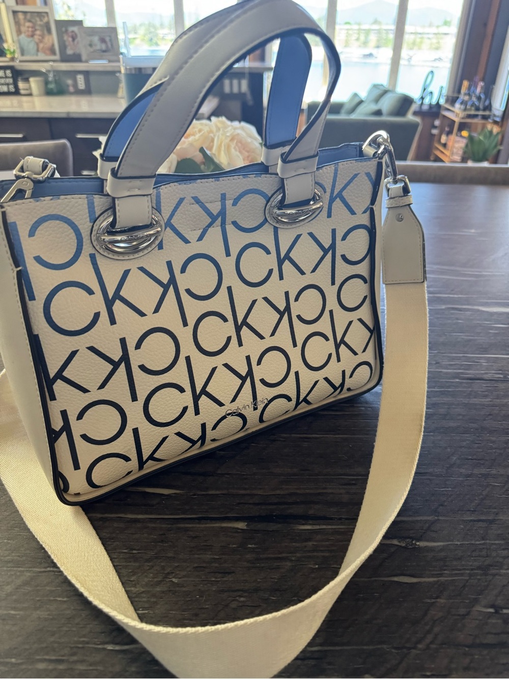 Calvin Klein White Satchel with Light Blue & Navy Logo Pattern